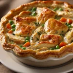 Close-up of a golden-brown low calorie chicken pie with a flaky crust