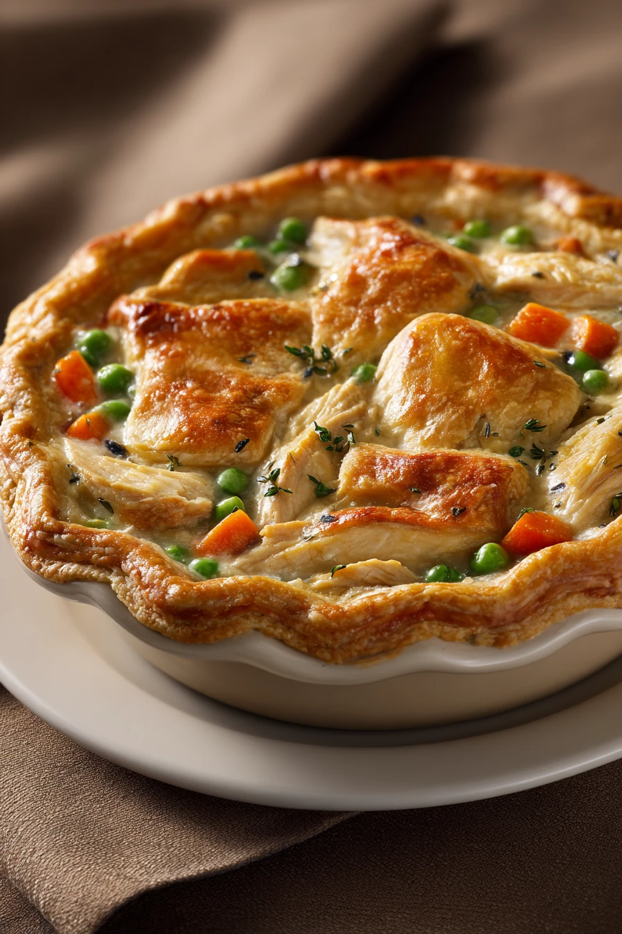 Close-up of a golden-brown low calorie chicken pie with a flaky crust