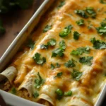 Close-up of make ahead chicken enchiladas verde with melted cheese and green sauce