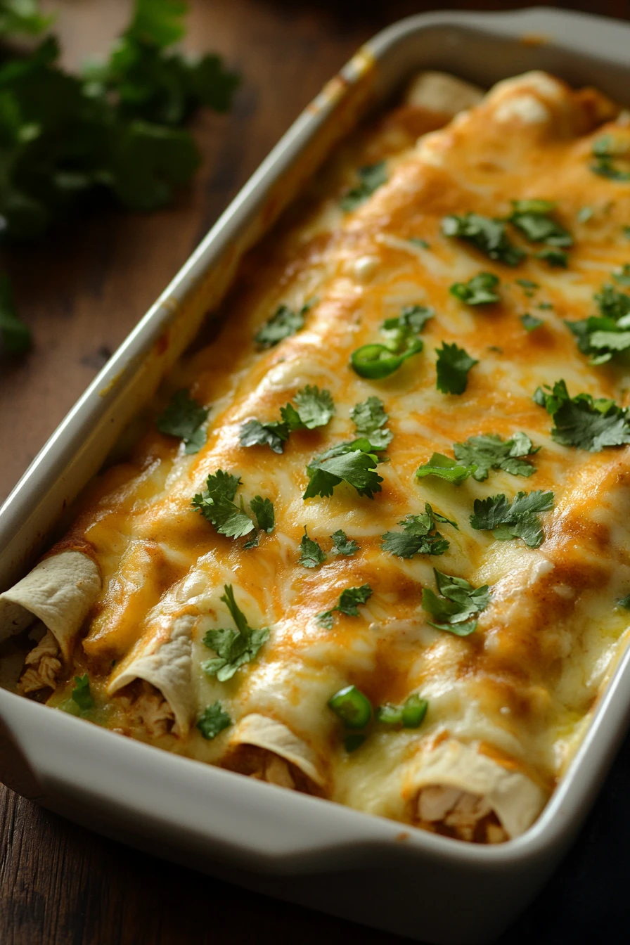 Close-up of make ahead chicken enchiladas verde with melted cheese and green sauce