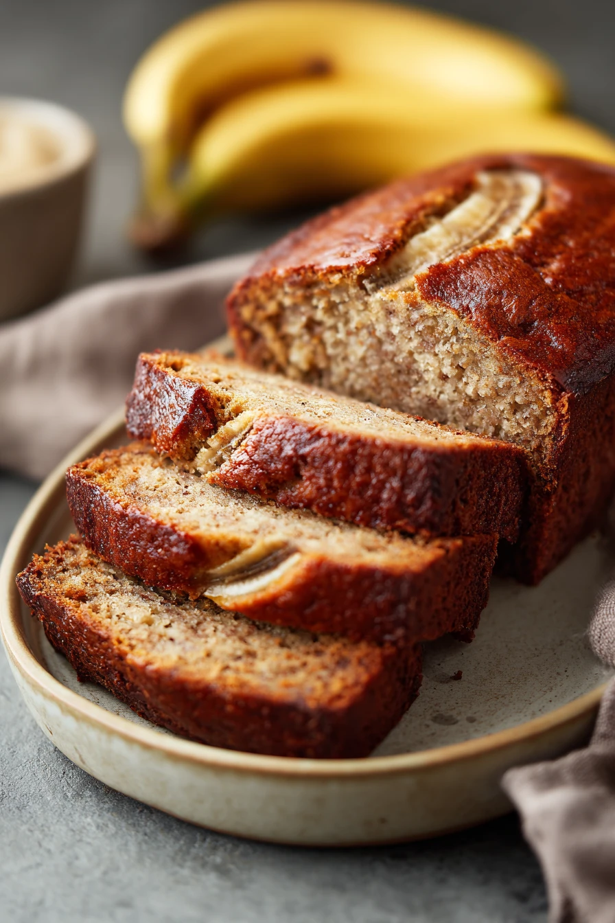 Close-up of maple banana bread with a golden crust and moist texture.