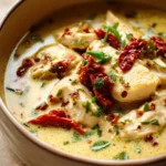 Close-up of creamy Marry Me Chicken Soup with herbs in a white bowl.