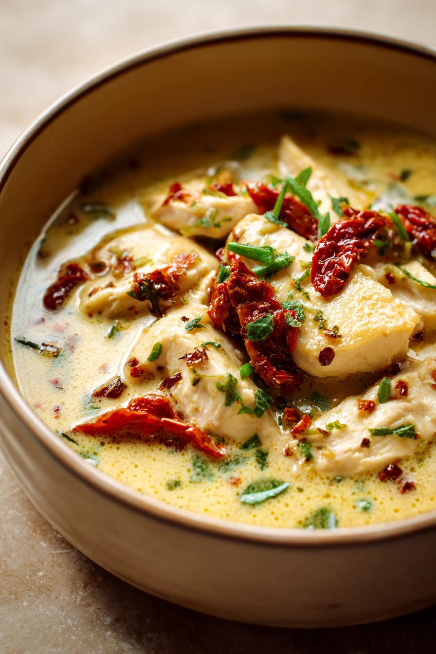 Close-up of creamy Marry Me Chicken Soup with herbs in a white bowl.