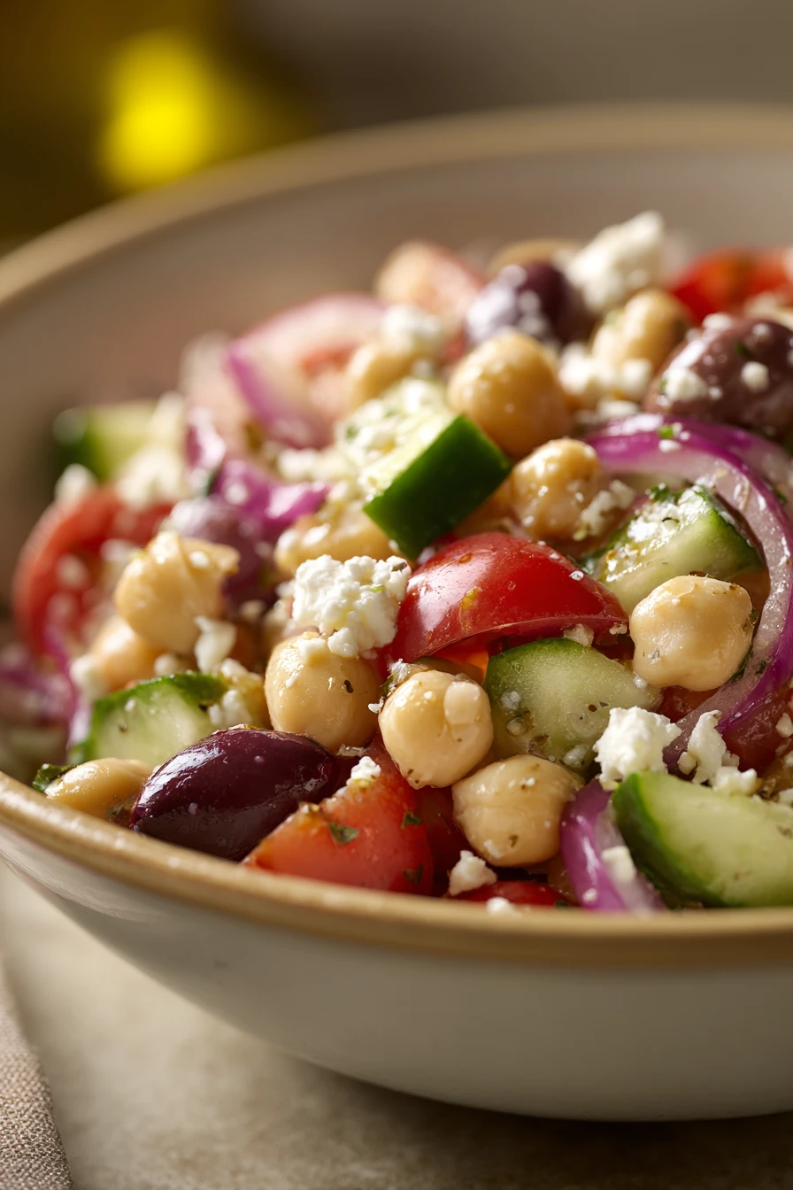 Close-up of a Mediterranean chickpea cucumber salad with fresh vegetables.