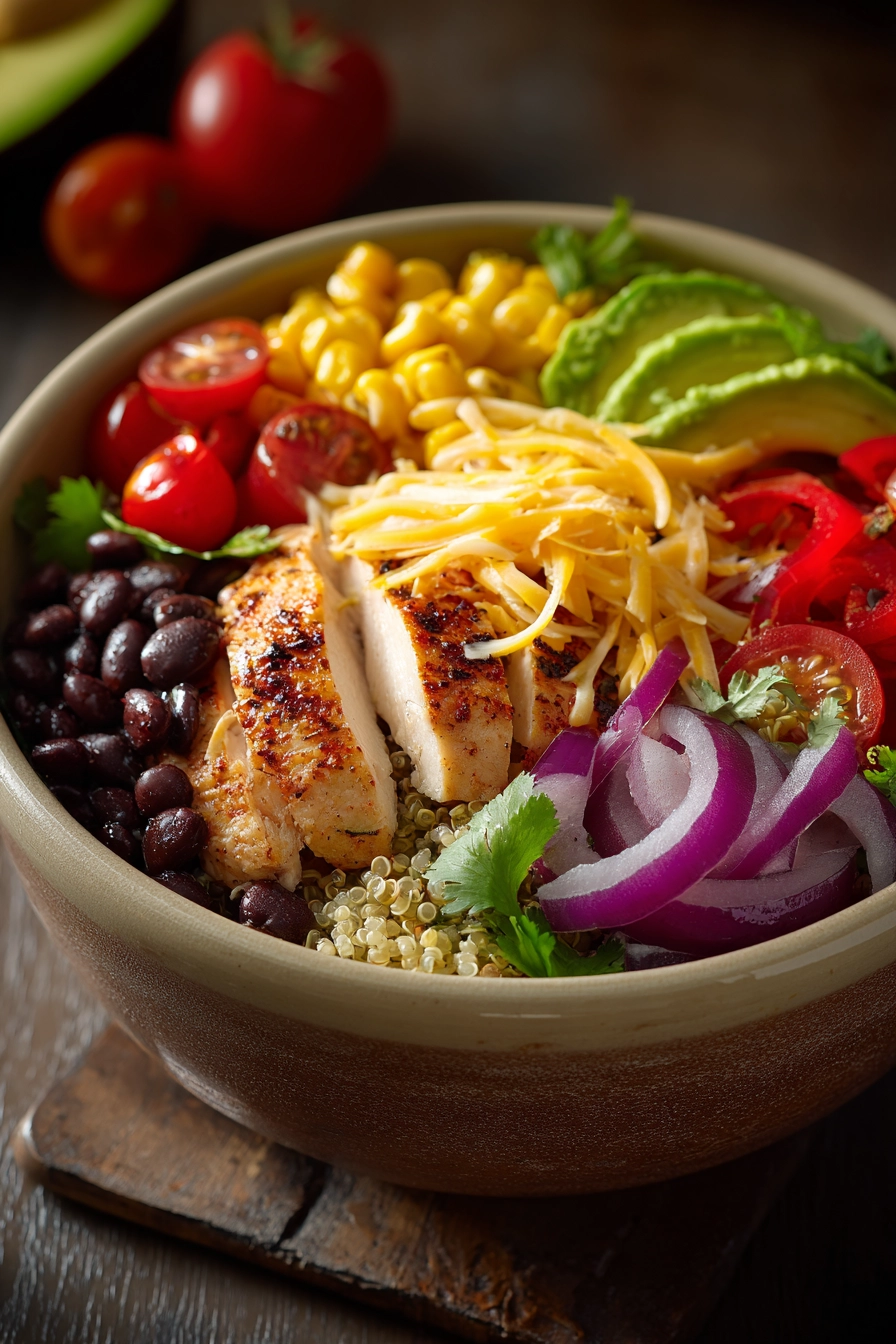 Close-up of a Mexican chicken quinoa bowl with fresh ingredients and vibrant colors