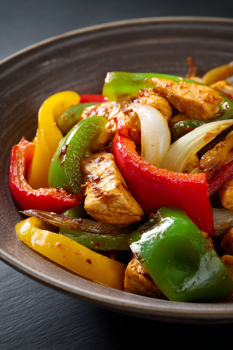Close-up of a vibrant Mexican chicken stir-fry with colorful vegetables