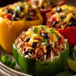 Close-up of vibrant Mexican stuffed peppers with a minimal background
