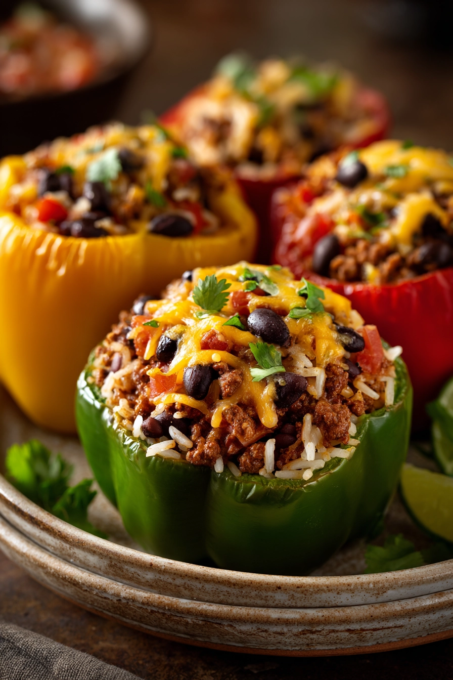 Close-up of vibrant Mexican stuffed peppers with a minimal background