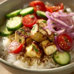 Close-up of a Middle Eastern Tofu Rice Bowl with vibrant vegetables and herbs
