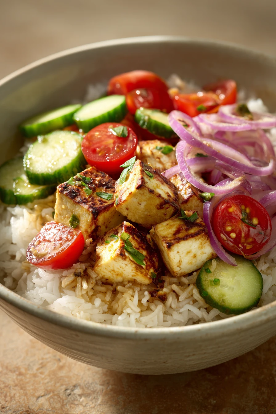 Close-up of a Middle Eastern Tofu Rice Bowl with vibrant vegetables and herbs