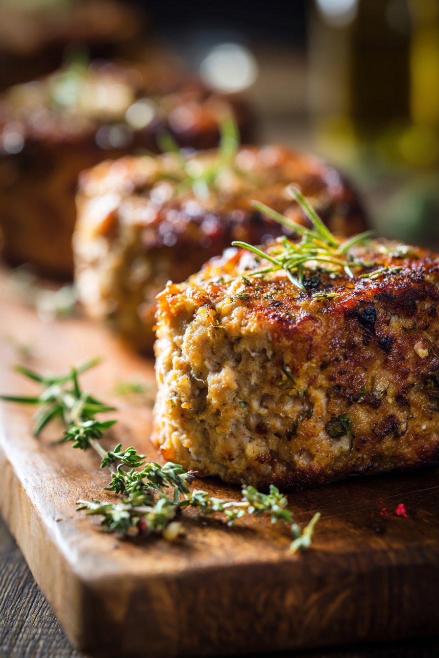 Close-up of mini turkey meatloaf with golden crust on rustic wooden board in warm natural light
