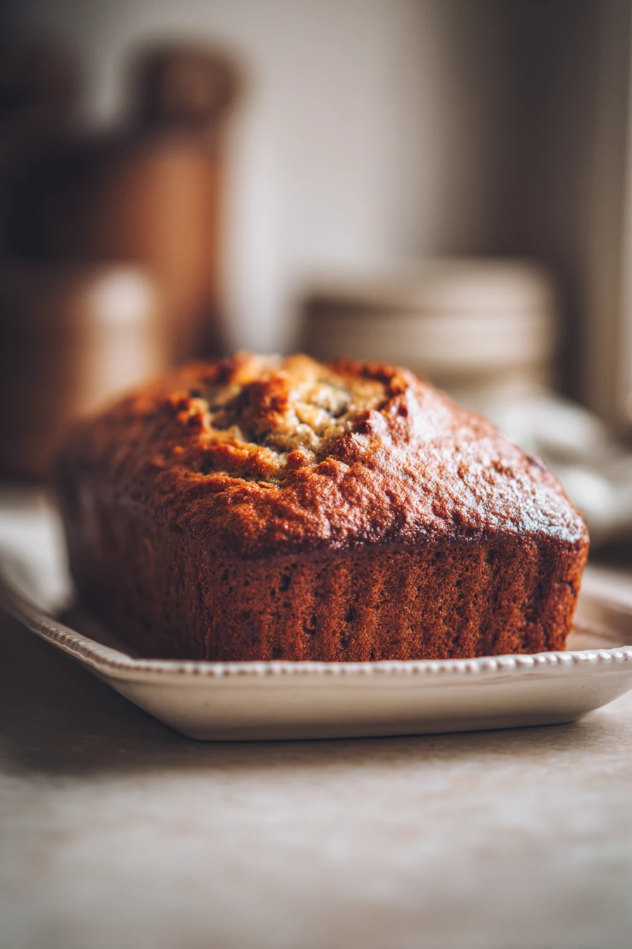 Close-up of moist banana bread with a golden crust on a clean background
