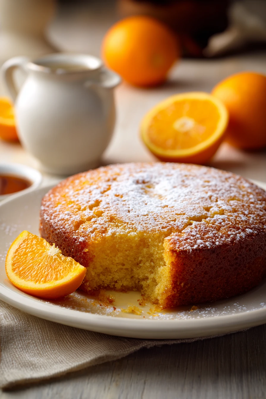 Close-up of a moist orange olive oil cake with a slice cut out, showing its texture.