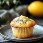 Close-up of a lemon poppyseed muffin with visible lemon zest and poppy seeds on a clean background.