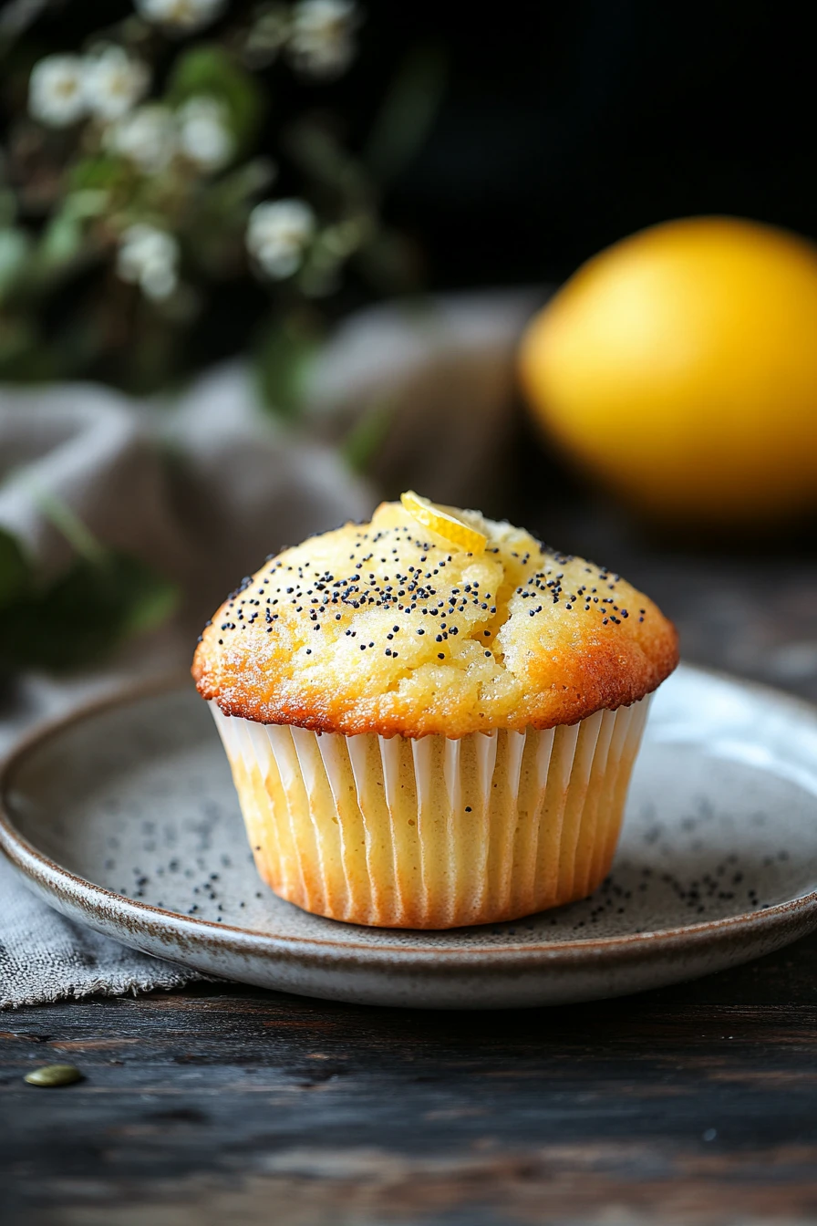 Close-up of a lemon poppyseed muffin with visible lemon zest and poppy seeds on a clean background.