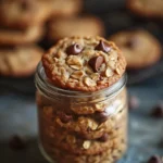 Close-up of oatmeal chocolate chip cookies in a glass jar with a clean background