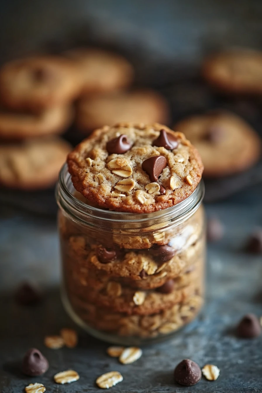 Close-up of oatmeal chocolate chip cookies in a glass jar with a clean background