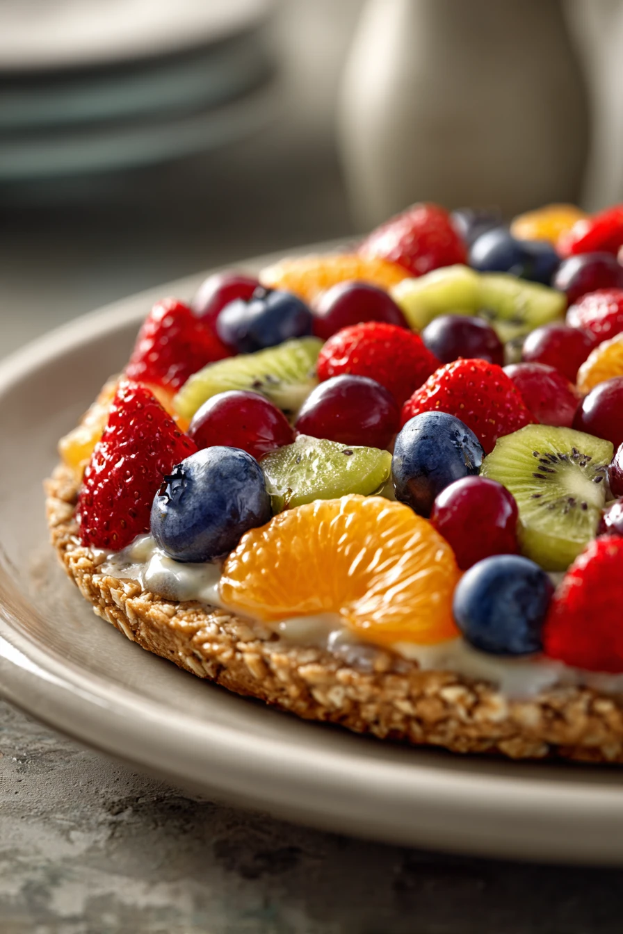 Close-up of oatmeal cookie fruit pizza with fresh fruits on a clean white background