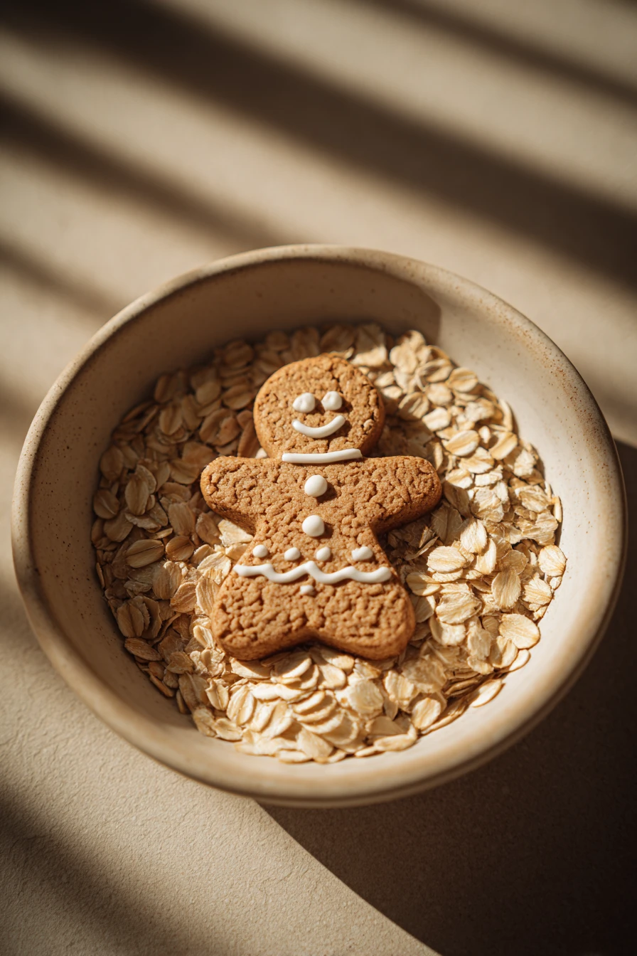 Close-up of oatmeal cookie gingerbread girl with warm lighting and minimal background