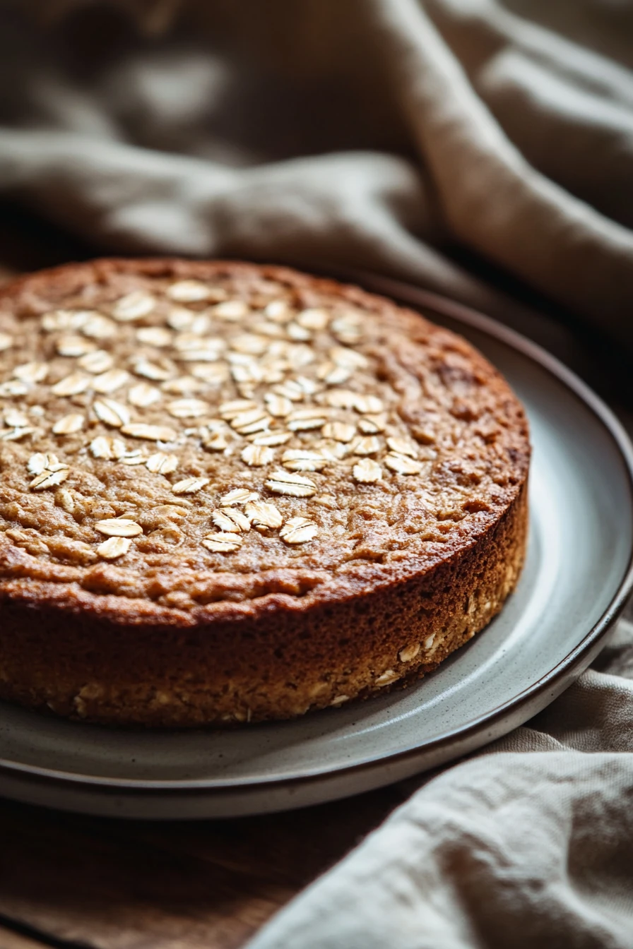 Close-up of oatmeal greek yogurt breakfast cake with a golden crust and soft texture