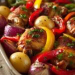Close-up of a one pan chicken thigh dinner with golden brown skin and creamy sauce.