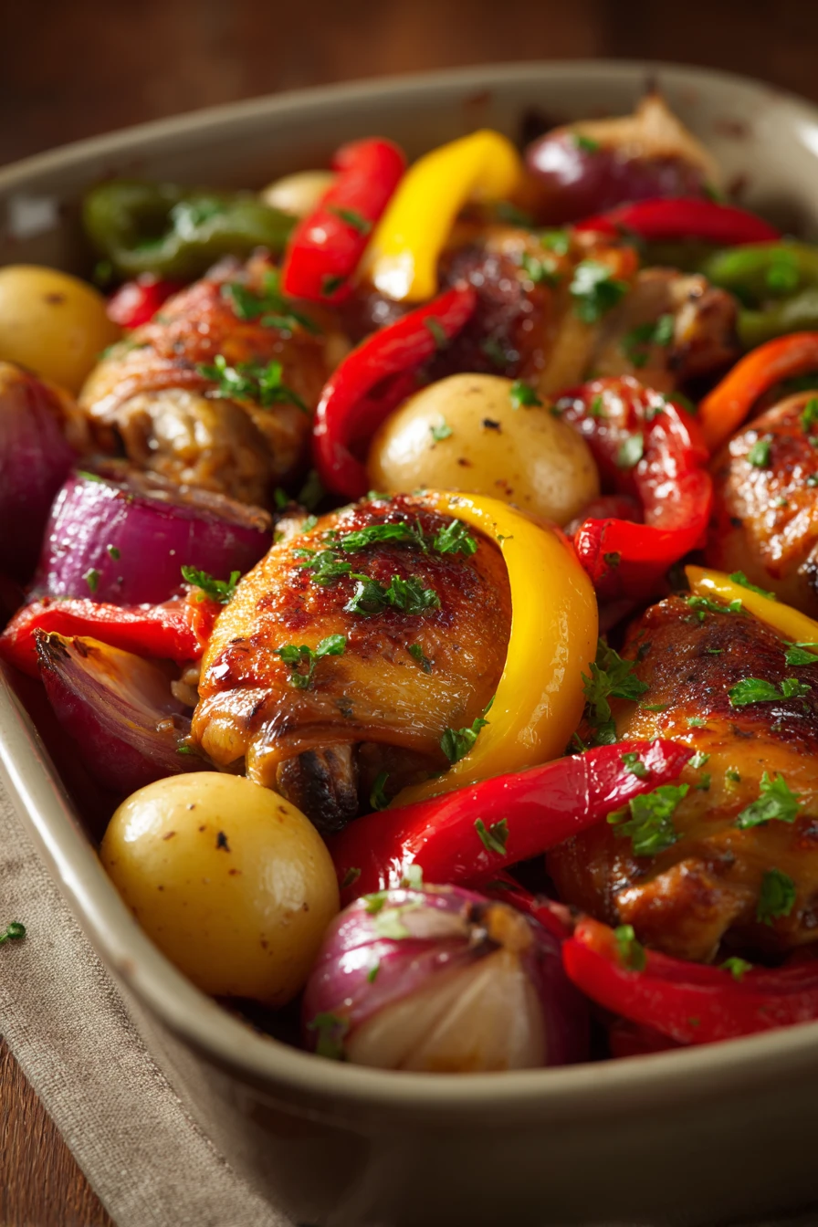 Close-up of a one pan chicken thigh dinner with golden brown skin and creamy sauce.
