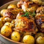 Close-up of One-Pan Garlic Chicken & Potatoes with golden brown textures