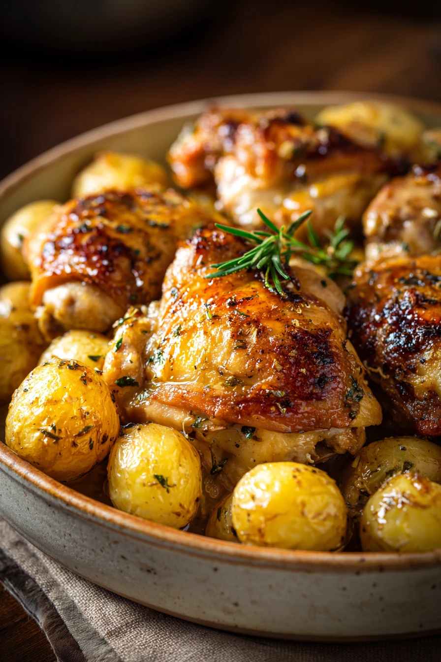 Close-up of One-Pan Garlic Chicken & Potatoes with golden brown textures