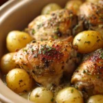 Close-up of a creamy one-pot buttermilk chicken and potatoes casserole with golden crust.