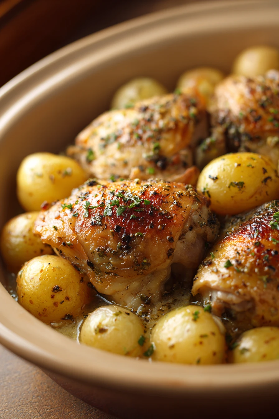 Close-up of a creamy one-pot buttermilk chicken and potatoes casserole with golden crust.