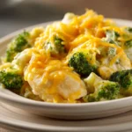 Close-up of a one pot cheesy chicken broccoli casserole with melted cheese and broccoli florets.