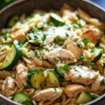 Close-up of one pot chicken orzo with zucchini in a creamy sauce