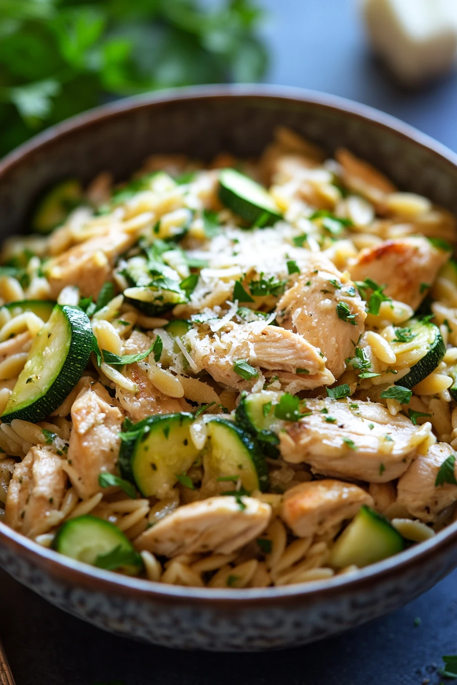 Close-up of one pot chicken orzo with zucchini in a creamy sauce