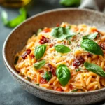 Close-up of one pot creamy sun dried tomato orzo with fresh herbs