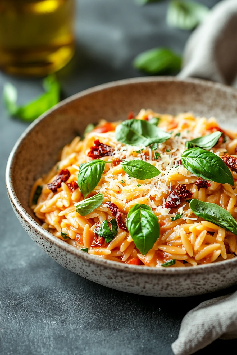 Close-up of one pot creamy sun dried tomato orzo with fresh herbs