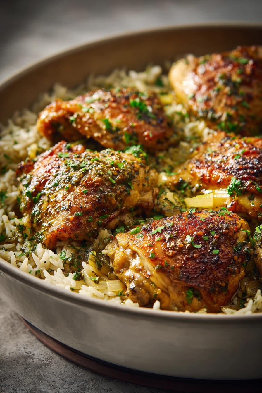 Close-up of one pot garlic butter chicken and rice with creamy sauce