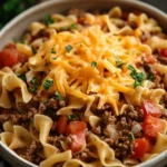 Close-up of one pot ground beef noodles with a rich sauce and garnished with herbs.