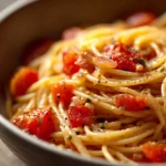 Close-up of one pot pasta with herbs and vegetables, no cheese visible