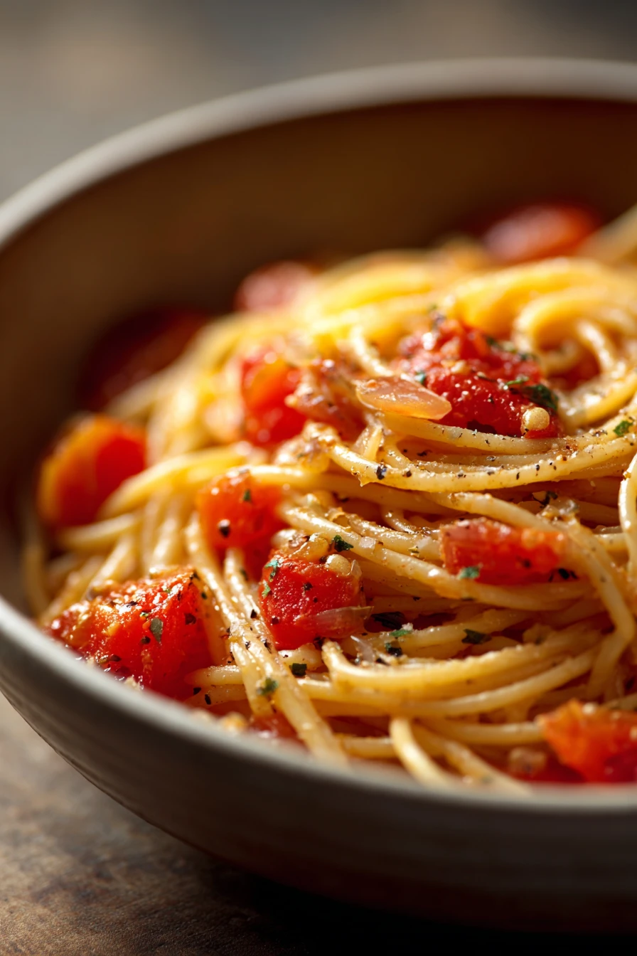 Close-up of one pot pasta with herbs and vegetables, no cheese visible