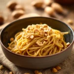 Close-up of creamy one pot pasta with visible textures and bright lighting