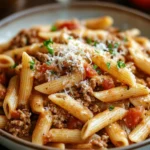 Close-up of one pot pasta with ground beef and creamy sauce in a white bowl.