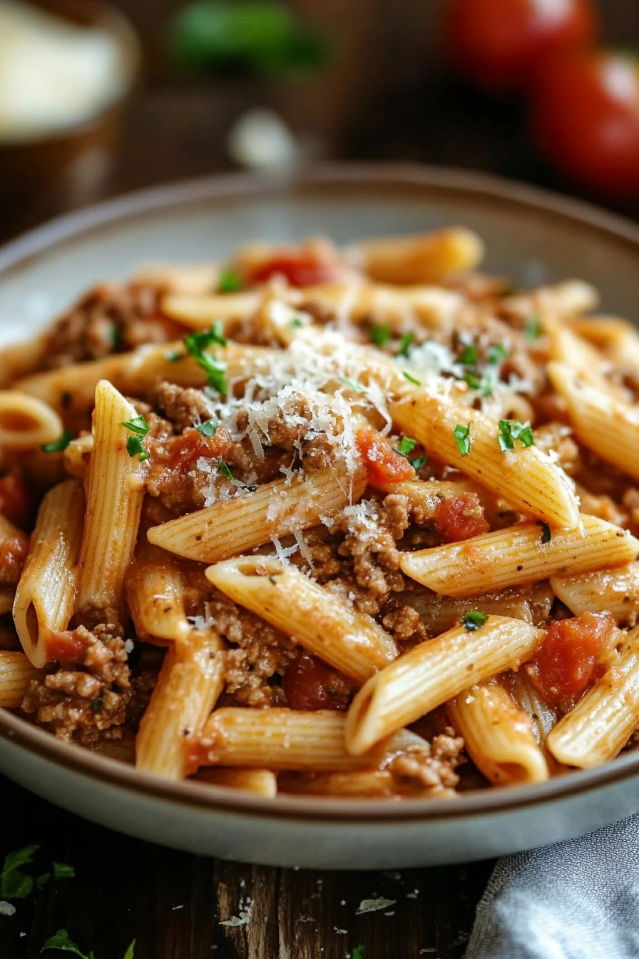 Close-up of one pot pasta with ground beef and creamy sauce in a white bowl.