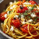 Close-up of one pot pasta with feta and tomatoes in a bright setting