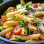 Close-up of one pot pasta with visible vegetables and herbs in bright natural lighting
