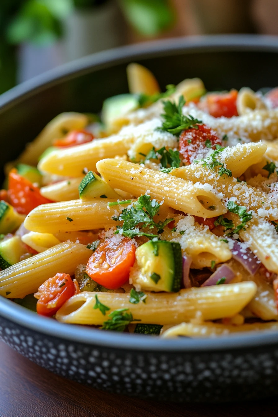 Close-up of one pot pasta with visible vegetables and herbs in bright natural lighting