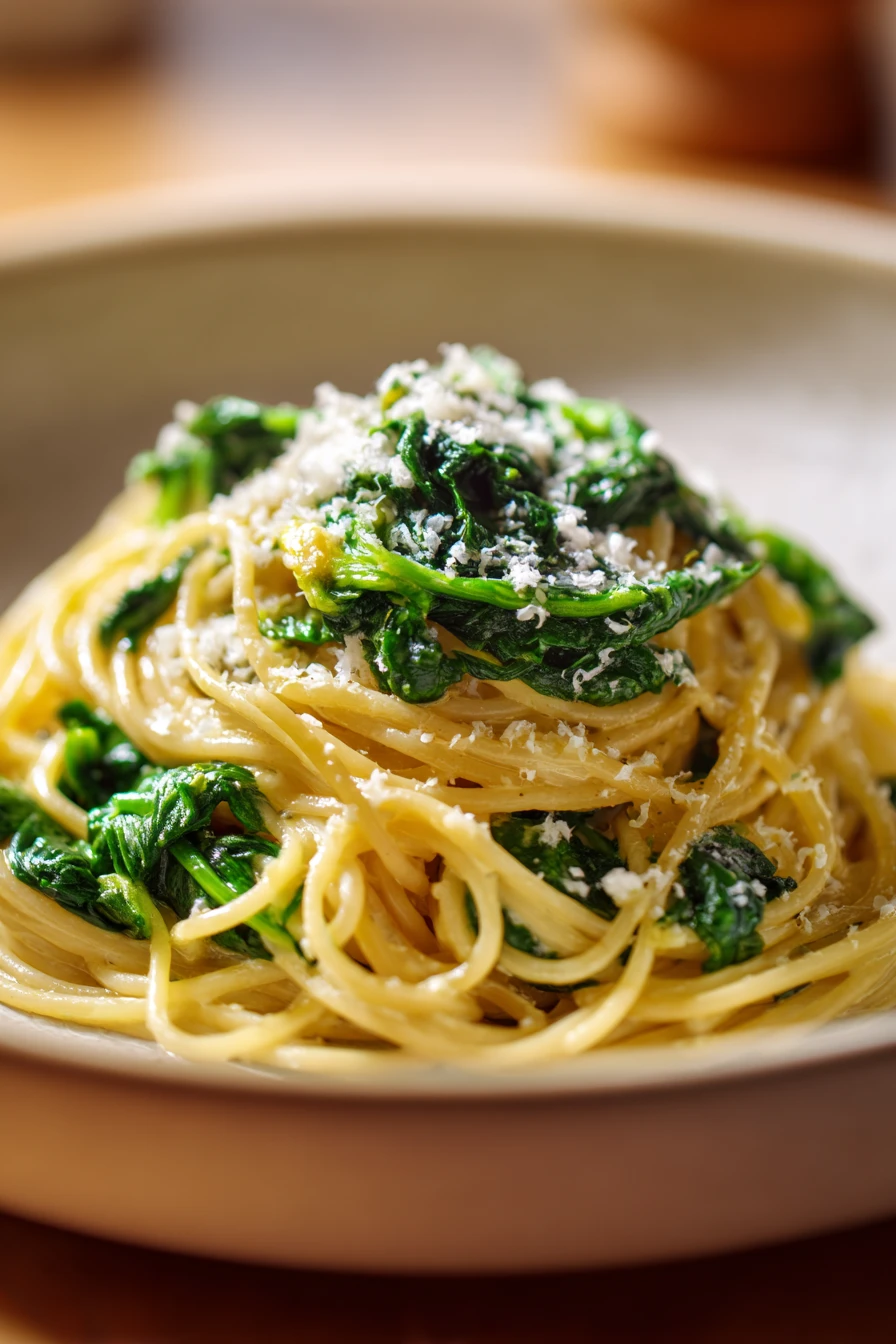 Close-up of one pot pasta with zitrone and spinach in a creamy sauce