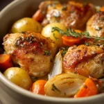 Close-up of a creamy one pot poulet cookeo dish with herbs and sauce.