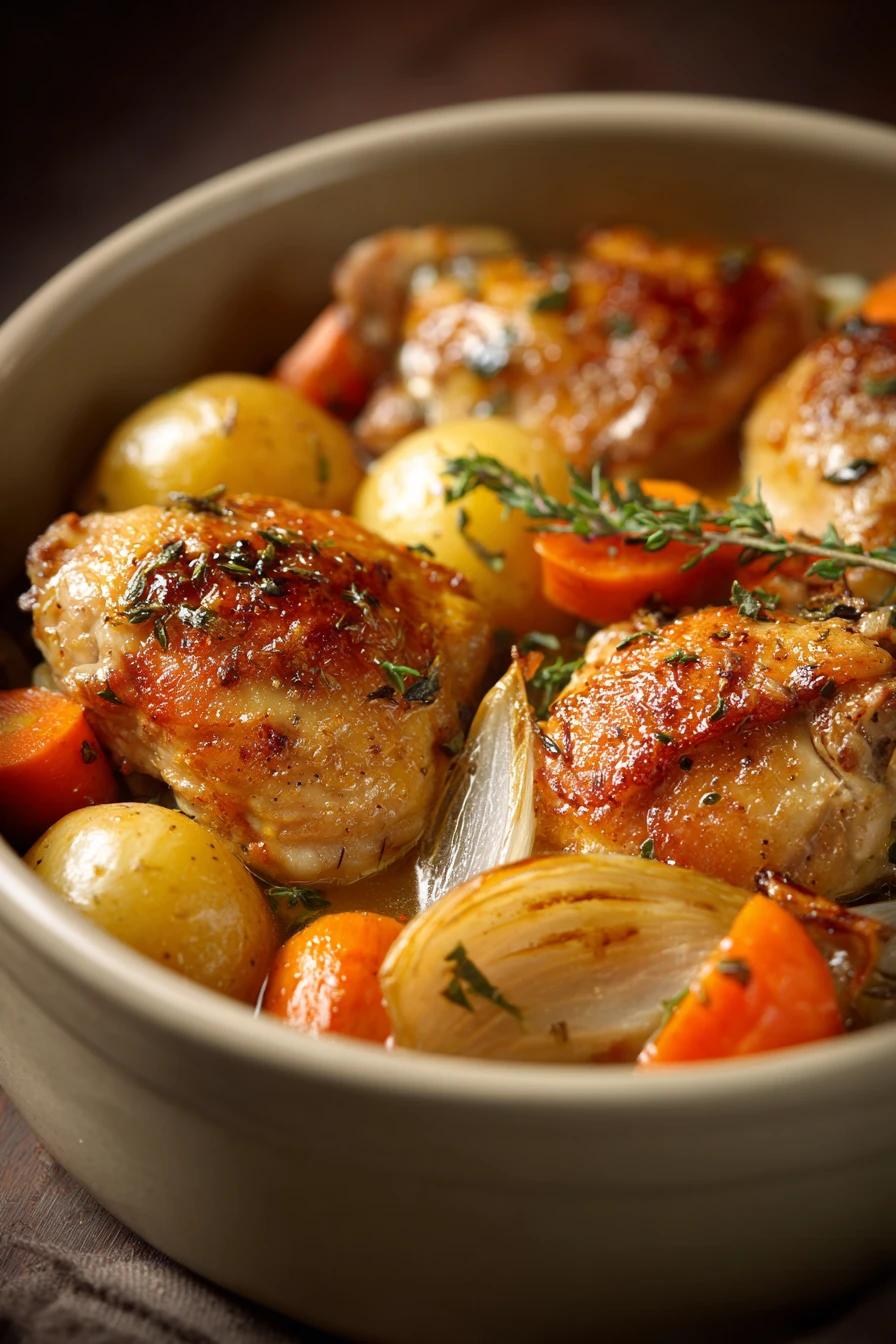 Close-up of a creamy one pot poulet cookeo dish with herbs and sauce.