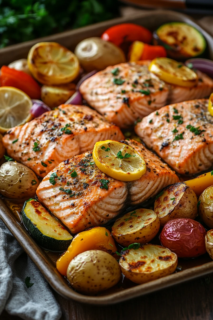 Close-up of a one sheet pan meal with salmon, roasted vegetables, and herbs.