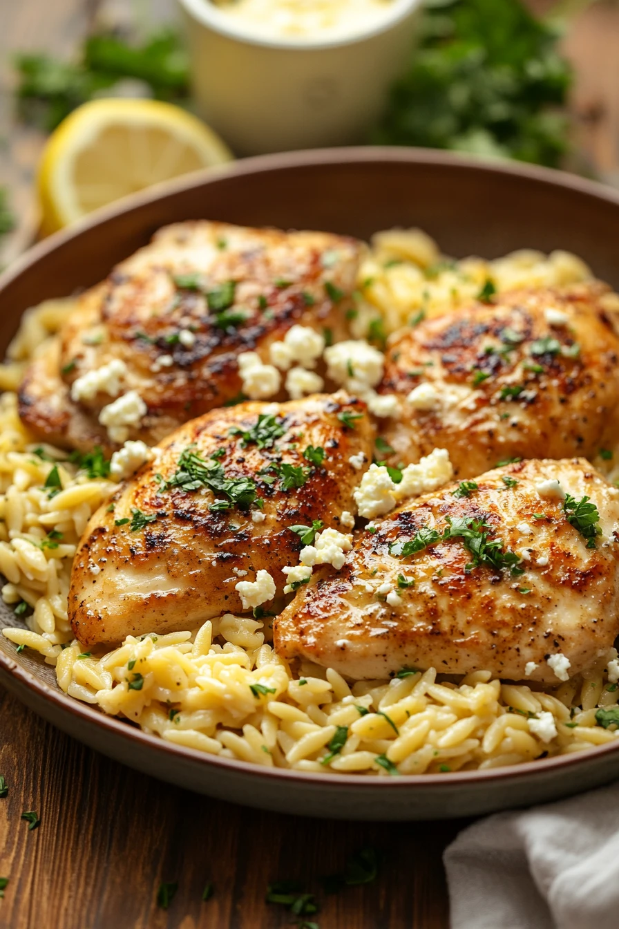 Close-up of one skillet lemon butter dijon chicken and orzo with feta sauce, garnished with herbs.
